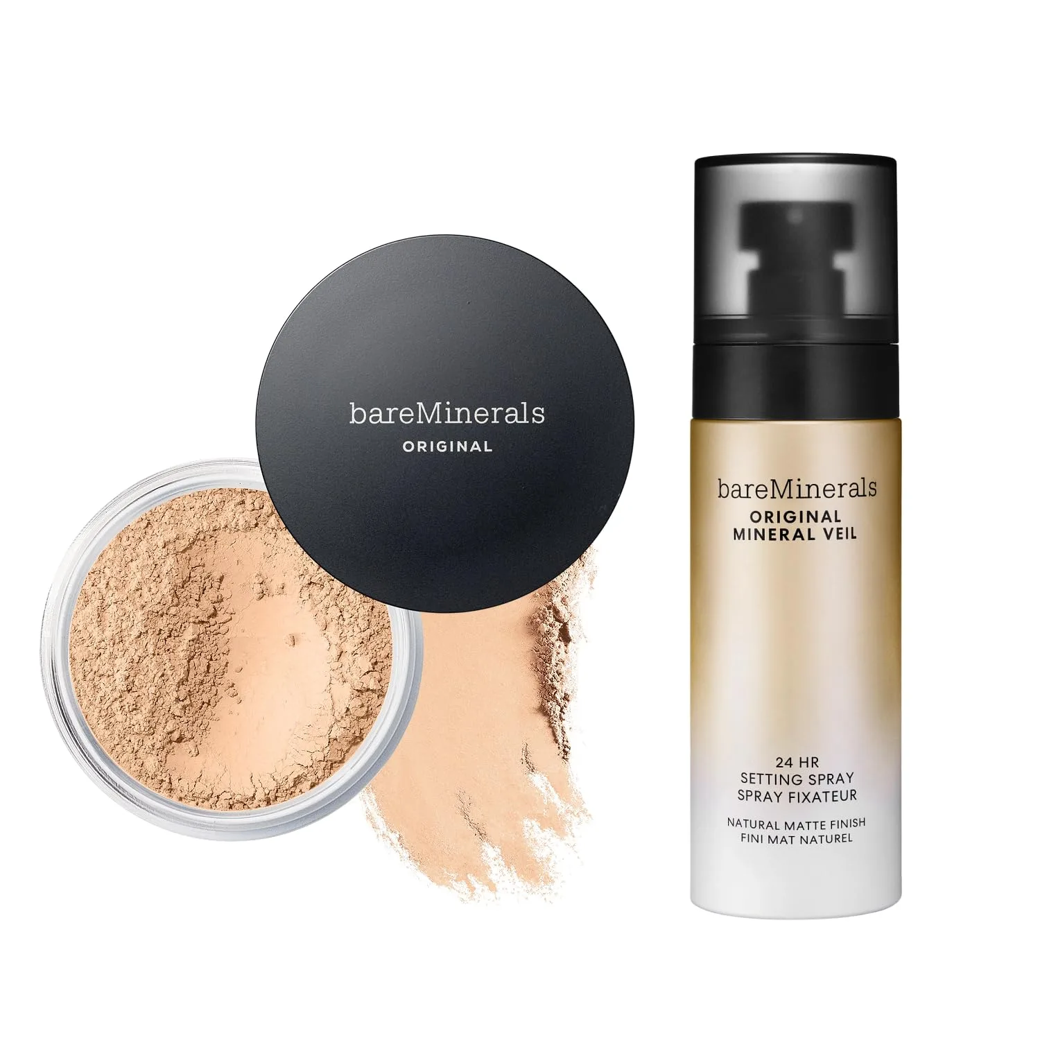 bareMinerals Original Loose Powder Foundation SPF 15, Clean Mineral Powder Face Makeup, Sheer-to-Full Coverage, Talc Free, Noncomedogenic, Vegan + Mineral Veil Natural Matte Setting Spray Bundle