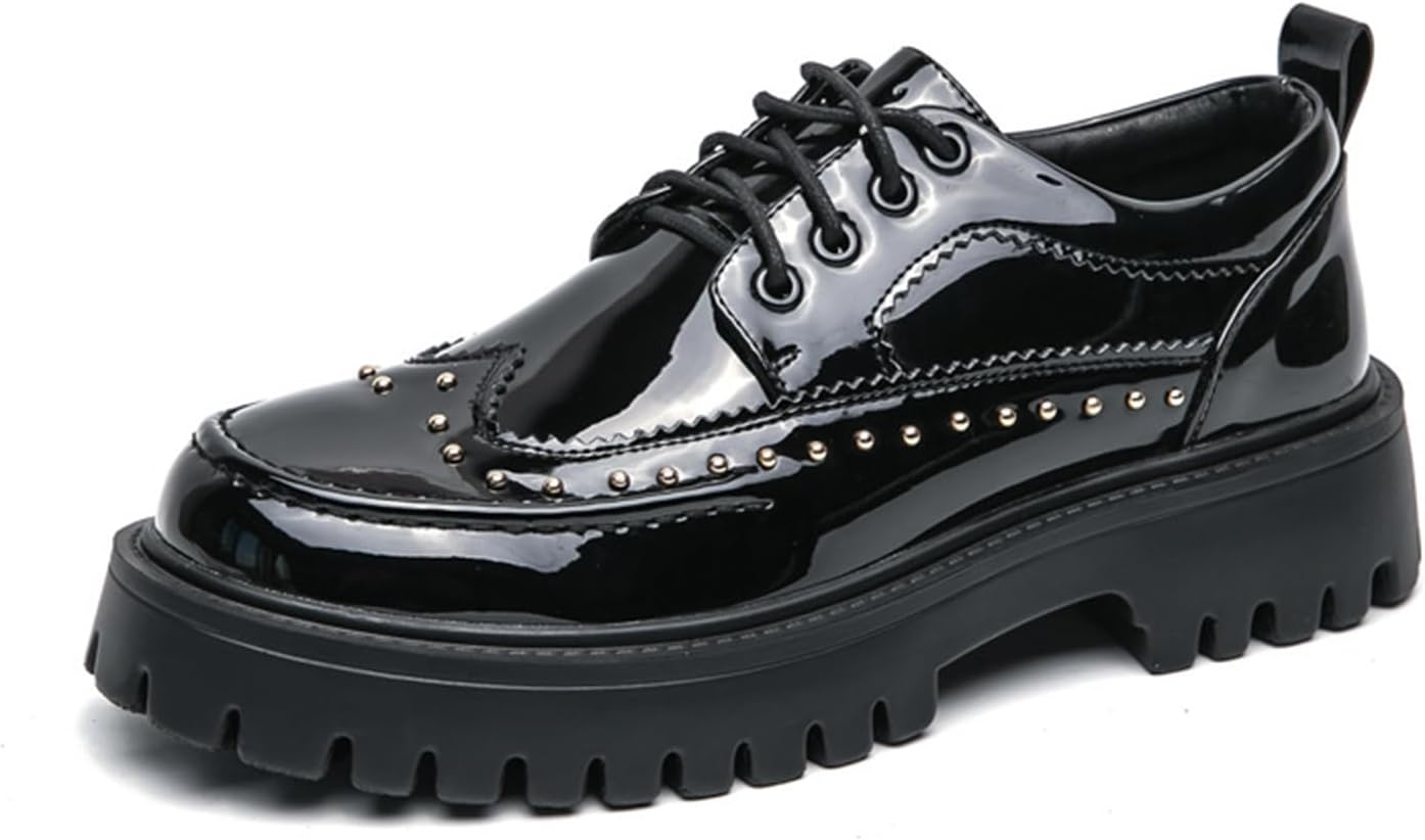 

Мужские оксфорды Wingtip с высокой платформой из лакированной кожи с заклепками, грубой подошвой с протектором, нескользящие, деловые дерби-оксфорды для свиданий, вечеринок, выпускного, свадьбы, повседневной носки и работы в офисе Ferraogan, чер...
