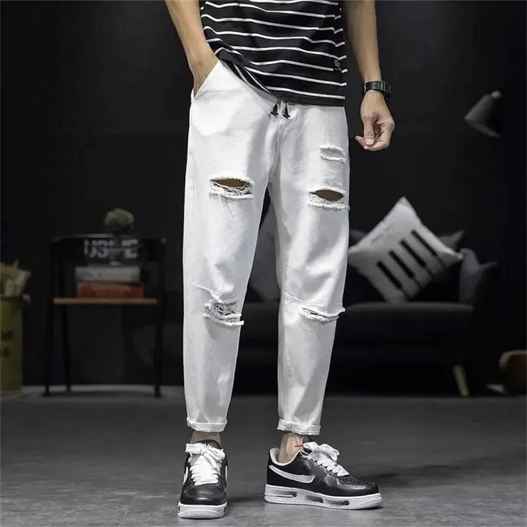 Джинсы, широкие штанины, Men Jeans Harem Streetwear Trousers Wide Leg Cowboy Pants, белые — фото 4