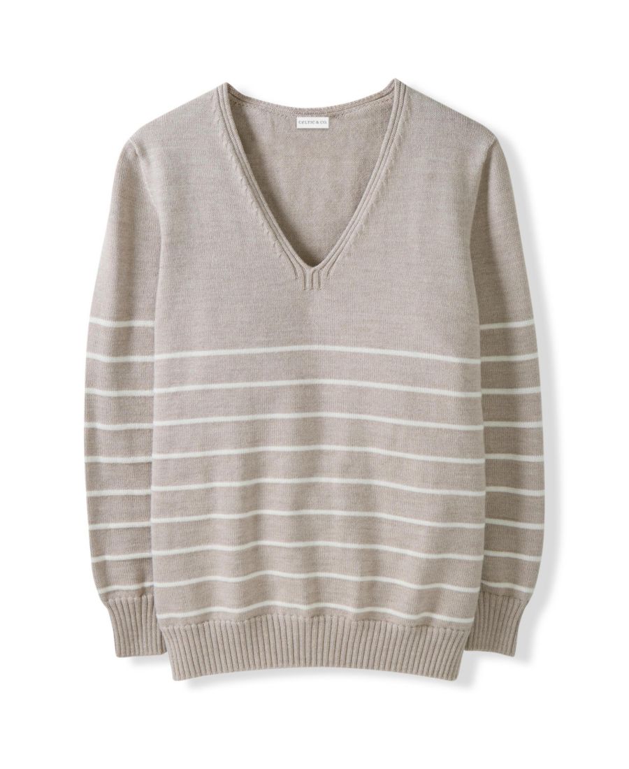 

Женский свитер из мериносовой шерсти с V-образным вырезом Celtic & Co, Oatmeal ecru stripe