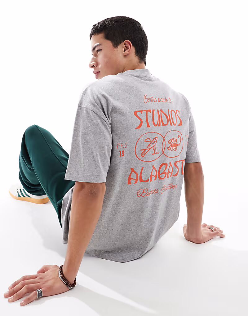 

Футболка ASOS DESIGN свободного кроя с графическим текстом на спине серого меланжевого цвета