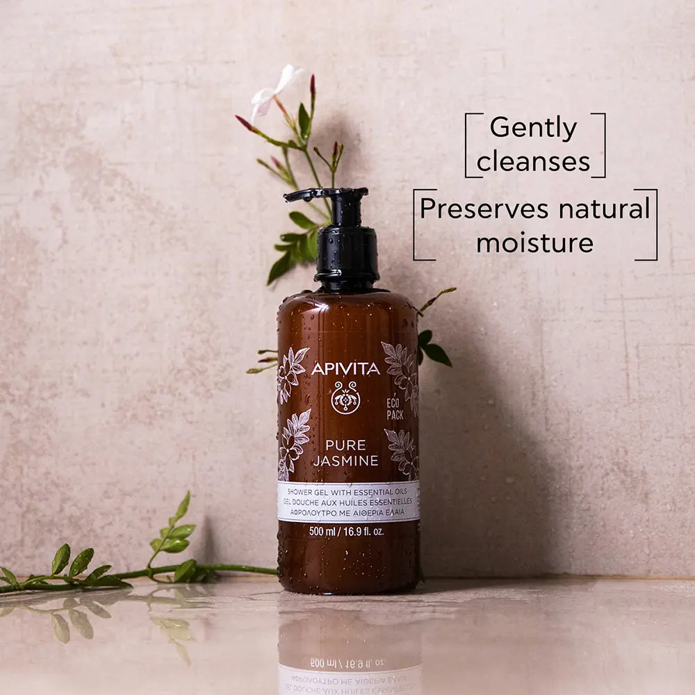 Гель для душа Pure jasmine gel de baño con aceite esencial de jazmín y aceite de propóleo Apivita, 500 мл. — фото 2