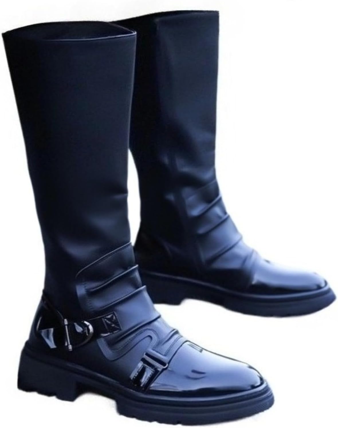 

Мужские кожаные высокие мотоциклетные ботинки JingSMNX с боковой молнией, классический округлый носок, каблук-блок, пряжка, байкерские ботинки для повседневной носки, езды, активного отдыха, охоты и вечеринок, черный