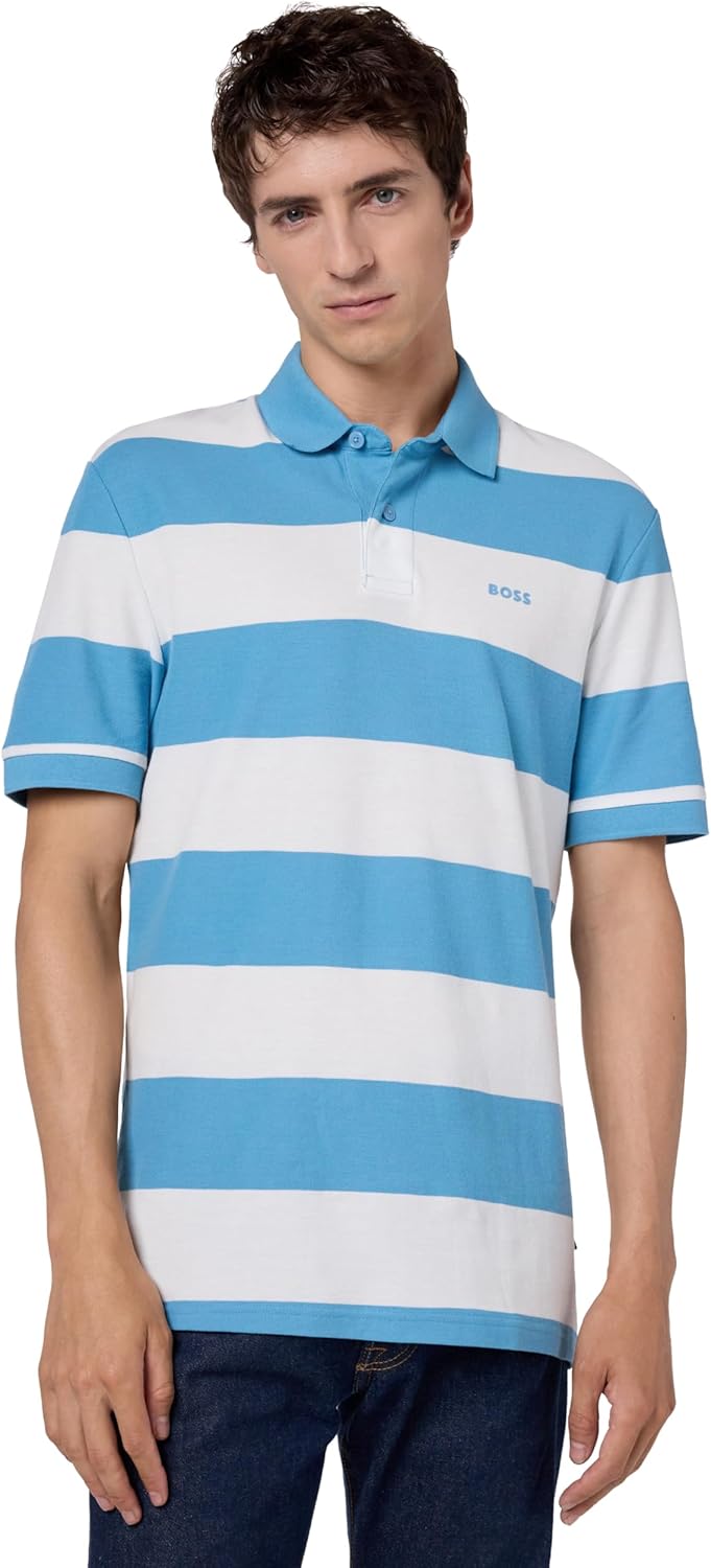 

BOSS Мужская поло с принтом из хлопка с коротким рукавом, Niagara Blue Stripe, Синий, BOSS Мужская поло с принтом из хлопка с коротким рукавом, Niagara Blue Stripe
