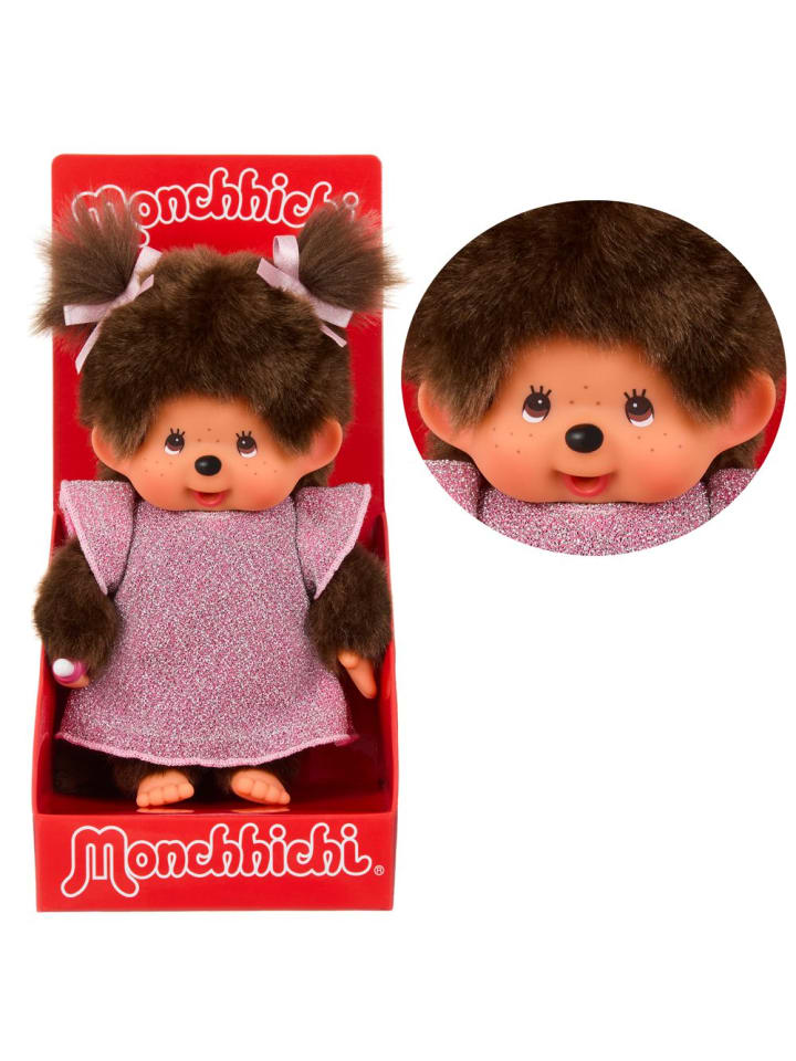 

Девочка в розовом блестящем платье | 20 см | Кукла Monchhichi | две косички