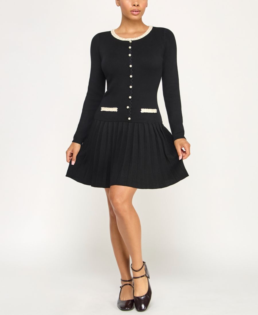 

Детское платье-свитер с плиссировкой и расклешенной юбкой, отделкой из жемчужной букле INVITEE, BLACK