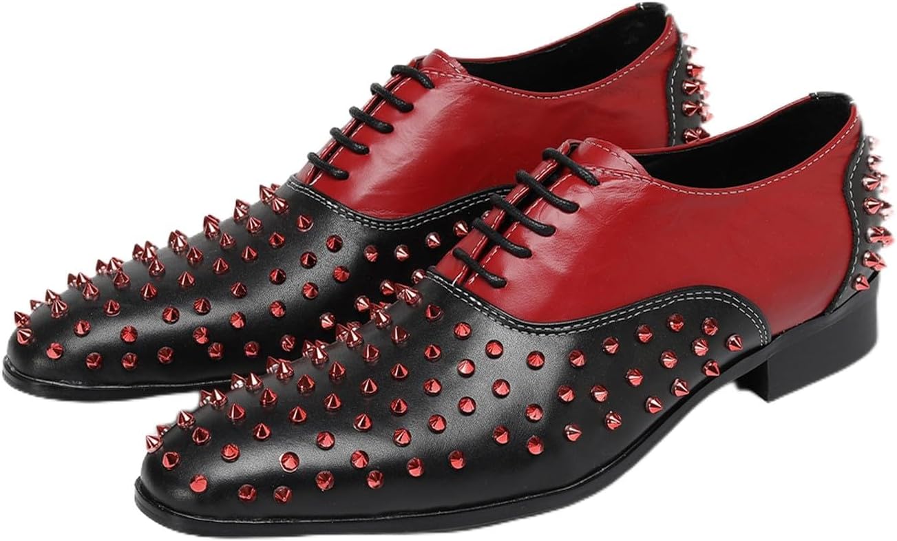 

Мужские туфли Santimon с шипами, кожаные оксфорды, подлинная кожа, шнуровка, модные туфли с заклепками для вечеринок, диско и особых случаев, красный
