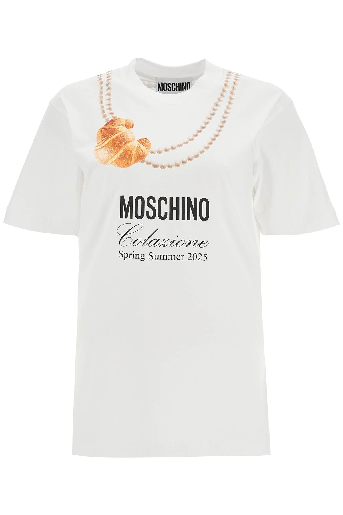 

Женская хлопковая футболка Moschino с принтом круассанов и жемчуга, белый