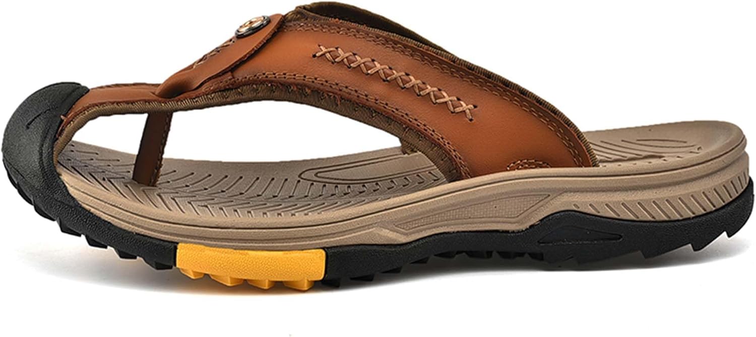 

Мужские шлепанцы с закрытым носком, кожаные модные сандалии для улицы и пляжа, с противоскользящей резиновой подошвой, стильные летние тапочки Generic, коричневый