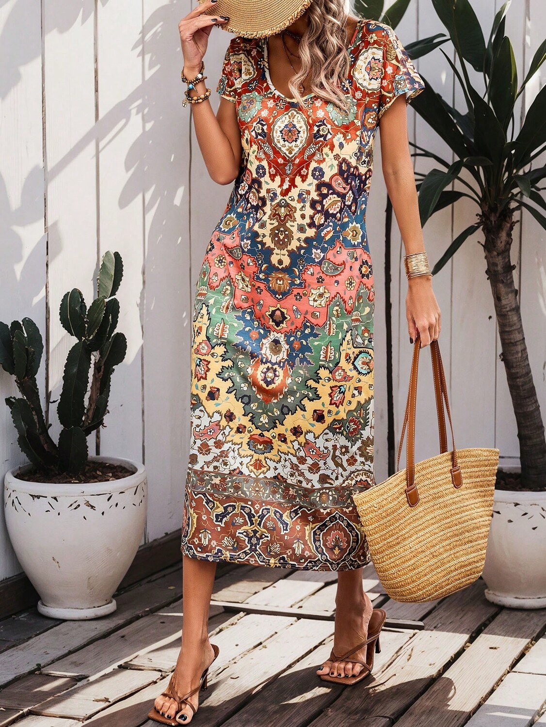 

SHEIN VCAY повседневное летнее платье, произвольный узор, короткий рукав, многоцветный