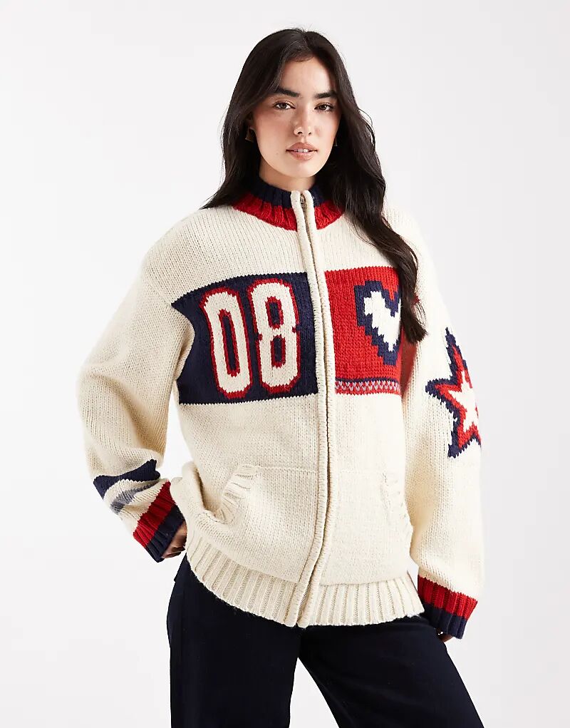 

Кардиган свободного кроя Daisy Street на молнии со спортивной графикой в ​​кремовом цвете