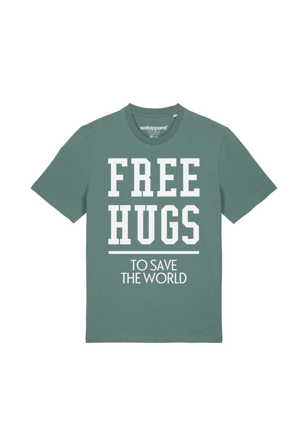 

Принт на футболке FREE HUGS TO SAVE THE WORLD watapparel, темно-зеленый
