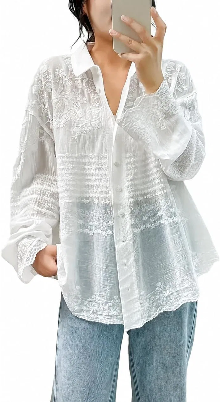 Блуза кружевная с вышивкой, Oversize, белый