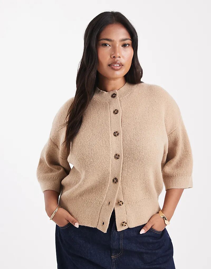 

Кардиган с короткими рукавами и отделкой в рубчик ASOS DESIGN Curve цвета песочного камня Asos Curve