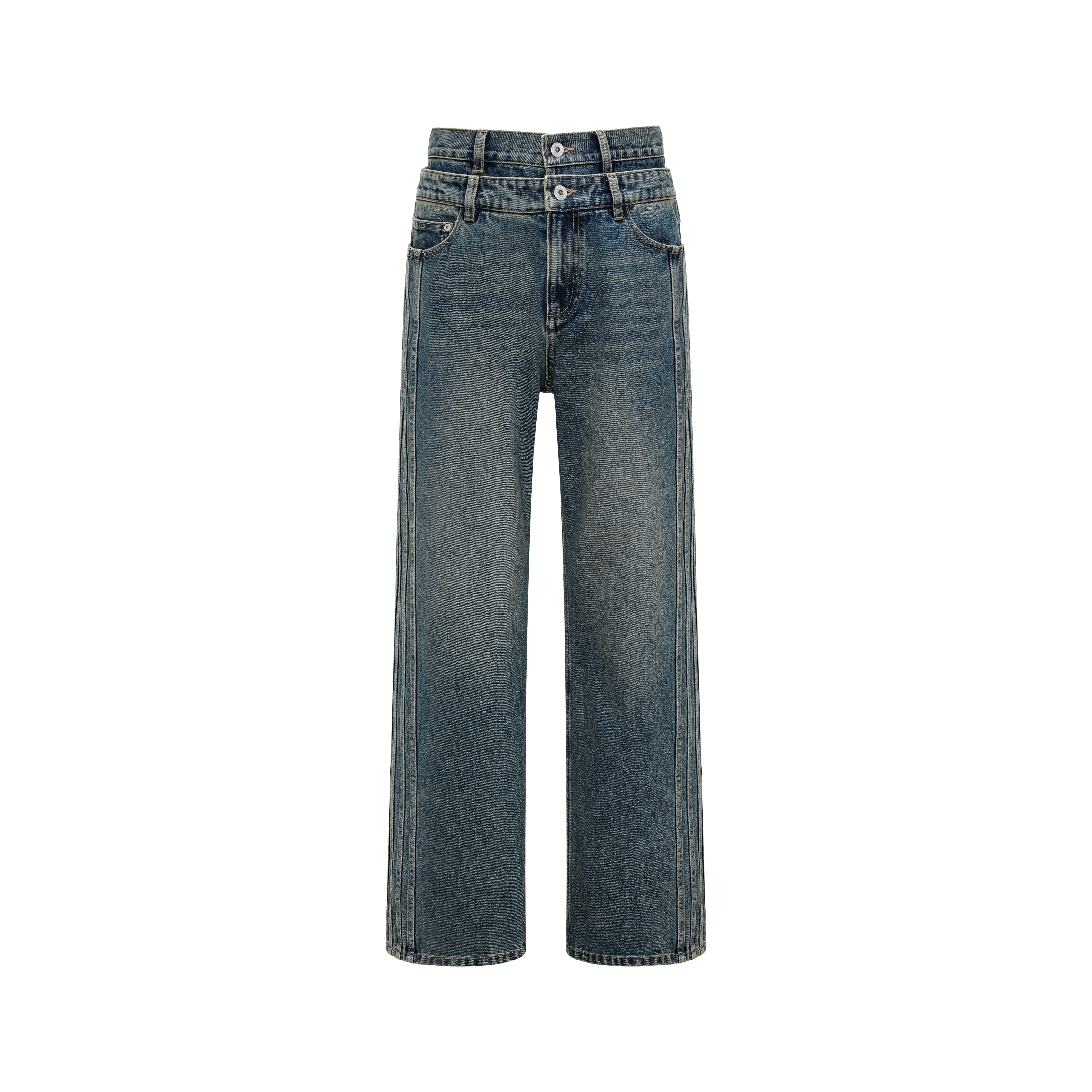 

Джинсовые джинсы с двойной талией и контрастной строчкой Feng Chen Wang, синий