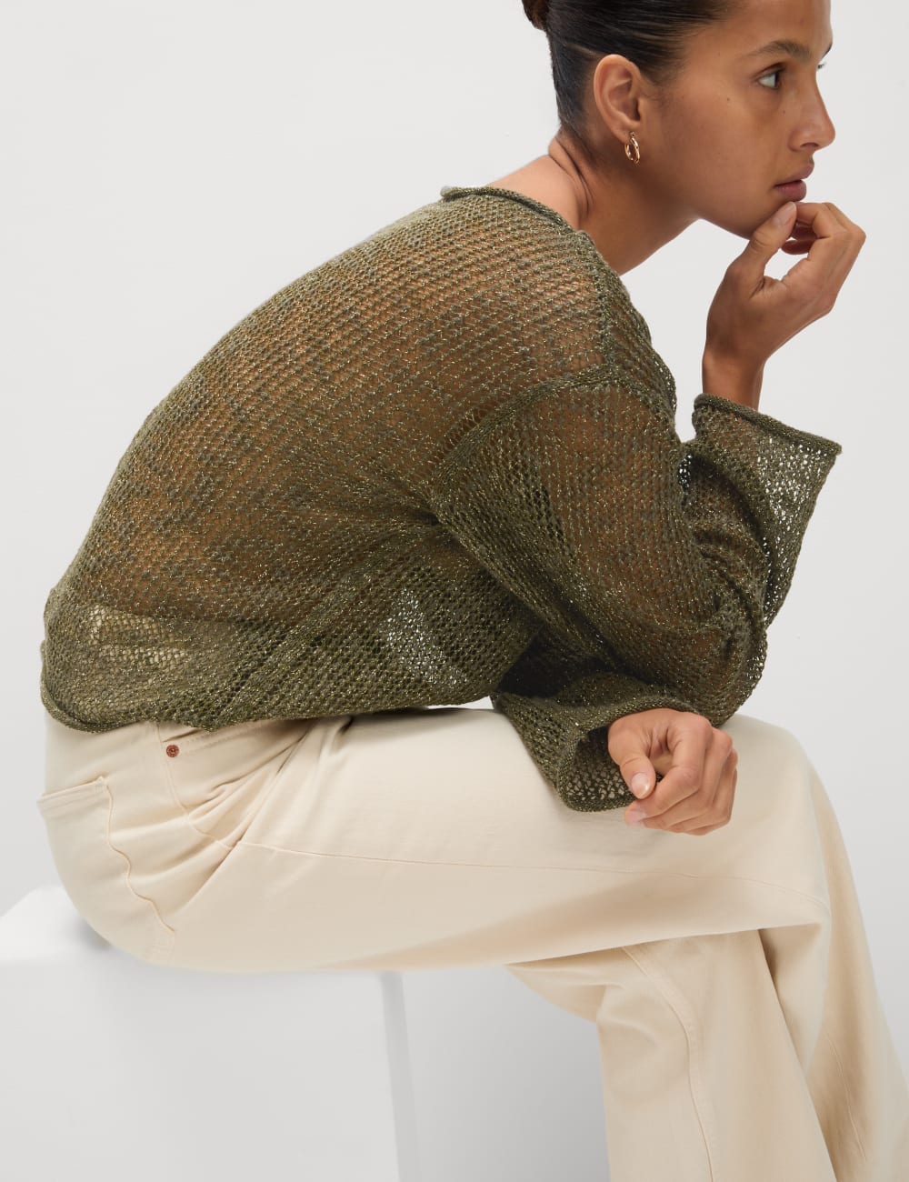 

Джемпер металлик из смеси хлопка и льна Marks & Spencer, цвет Khaki mix