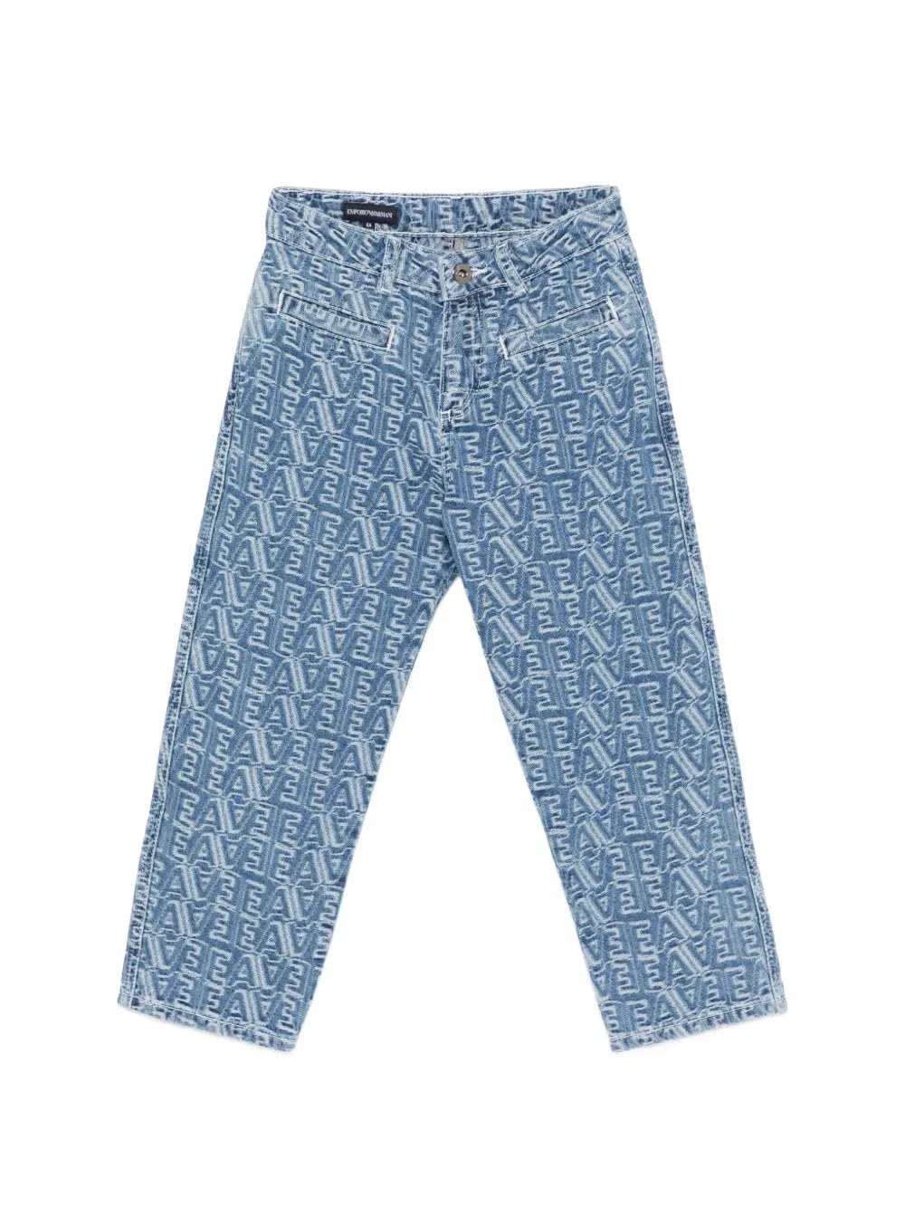 Прямые джинсы с монограммой и жаккардовым узором Emporio Armani Kids, синий