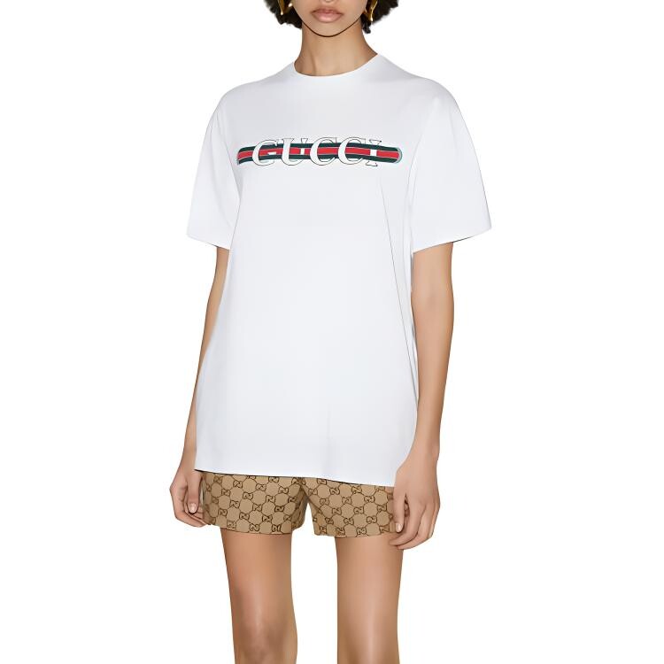 Футболка женская Gucci с логотипом, белый / зеленый / красный — фото 3