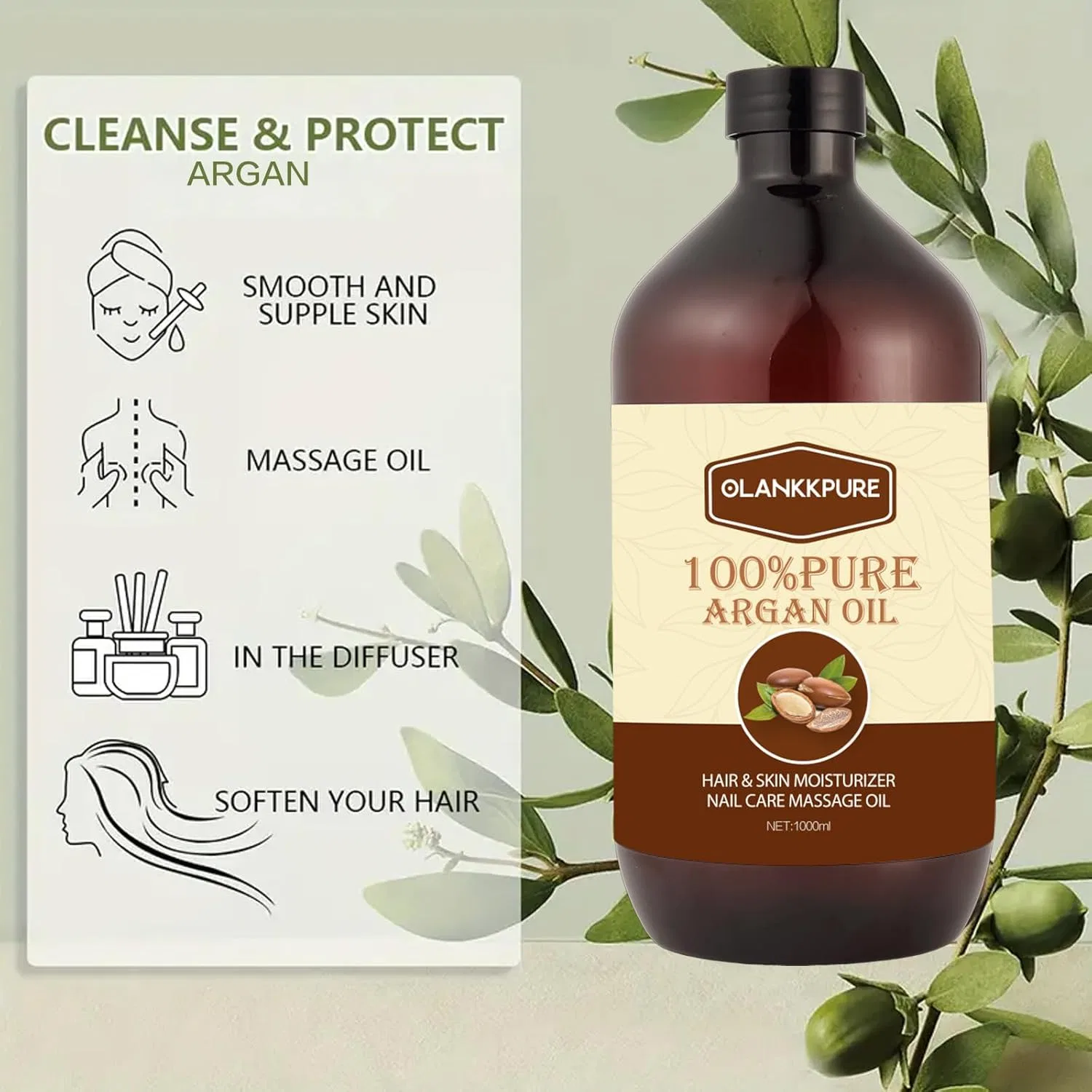 100% чистое аргановое масло для волос, кожи и ногтей, 1000 мл Olankkpure — фото 2