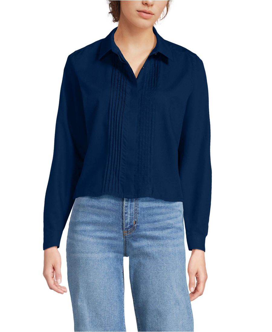 

Женская укороченная рубашка свободного кроя без глажки с декоративными складками Lands' End, Deep sea navy