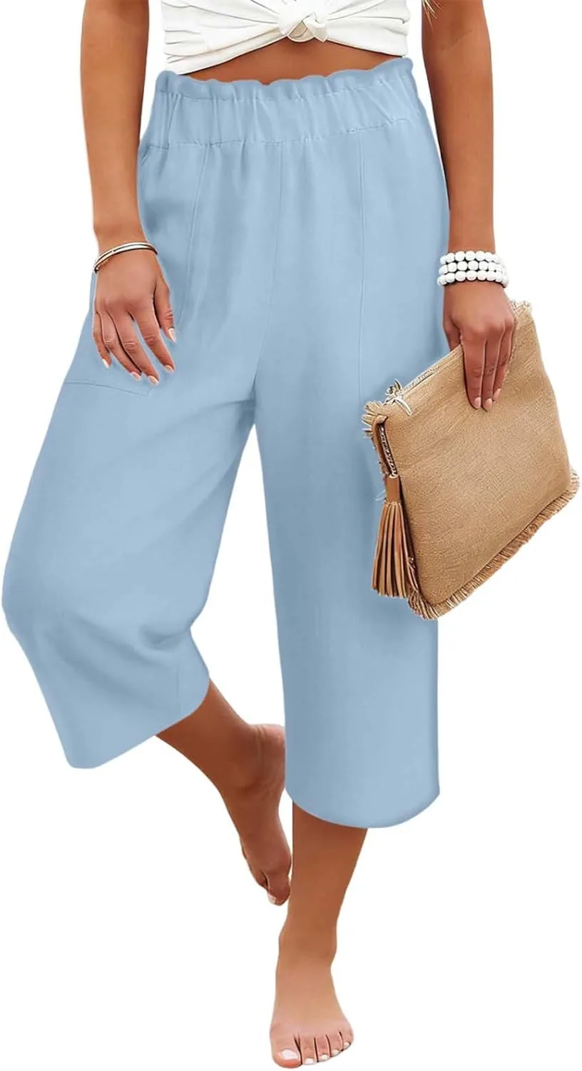 Льняные брюки для женщин, летние укороченные брюки, широкие капри, брюки с эластичным поясом, повседневная пляжная одежда Generic, светло-голубой — фото 2