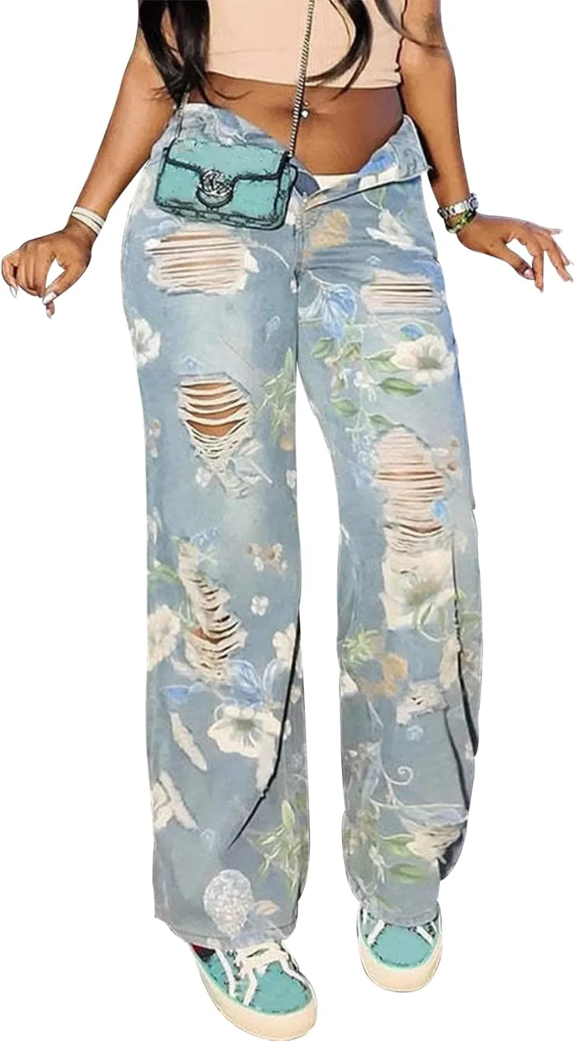 

LROSEY женские джинсы с потертостями и цветочной вышивкой Y2k, рваные, с высокой талией, широкие, мешковатые