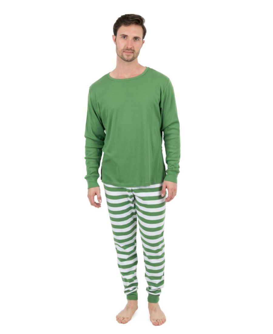 

Мужская хлопковая полосатая пижама из двух частей для отдыха Leveret, Solid green top & striped pant
