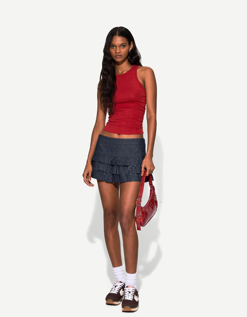 

Мини-Юбка из денима с оборками Bershka, синий