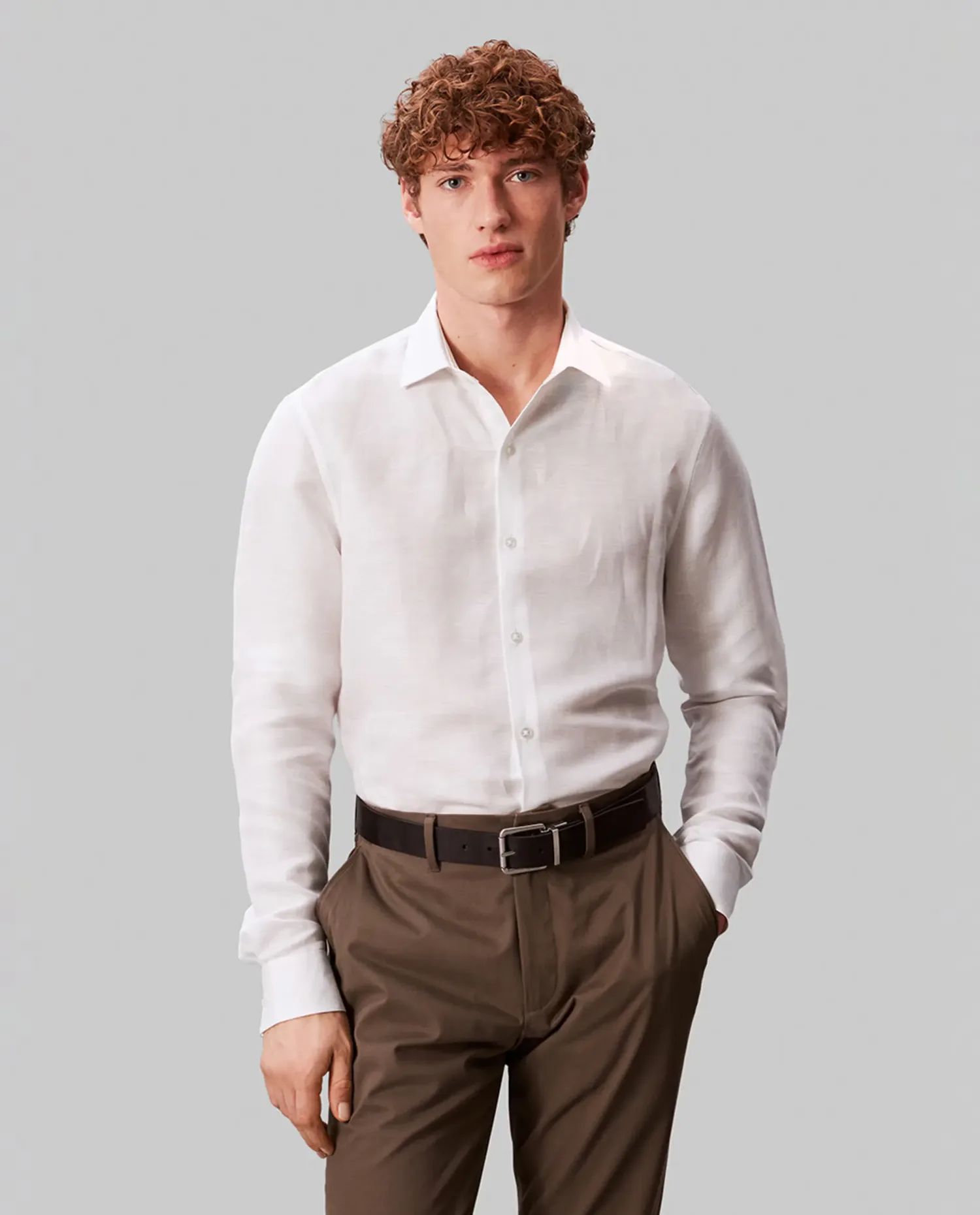 Мужская рубашка из льняной смеси, приталенная, однотонная Calvin Klein, белый