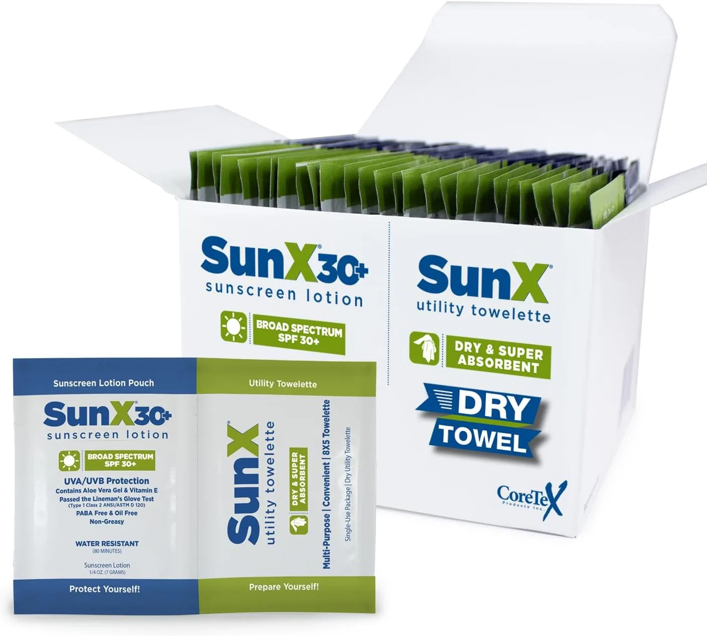 Солнцезащитный крем SPF 30 CoreTex Sun X 25 пакетиков с сухим полотенцем белый