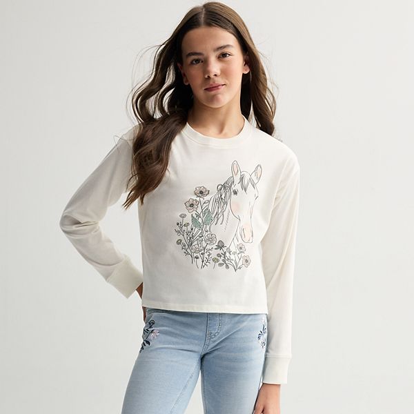 

Детская футболка с длинным рукавом и принтом, размеры 6-20, regular и plus So, Pretty Horse Drawing