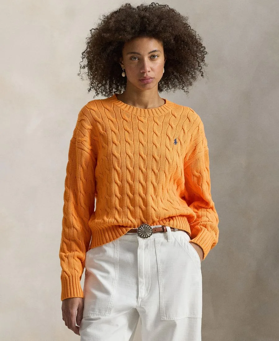 Женский хлопковый свитер крупной вязки с круглым вырезом Polo Ralph Lauren, Soft Clementine