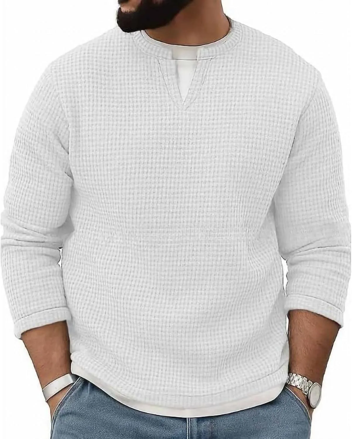 Мужская рубашка с длинным рукавом Casual Imitation Two Piece Textured Knit Pullover Notch V Neck — фото 2