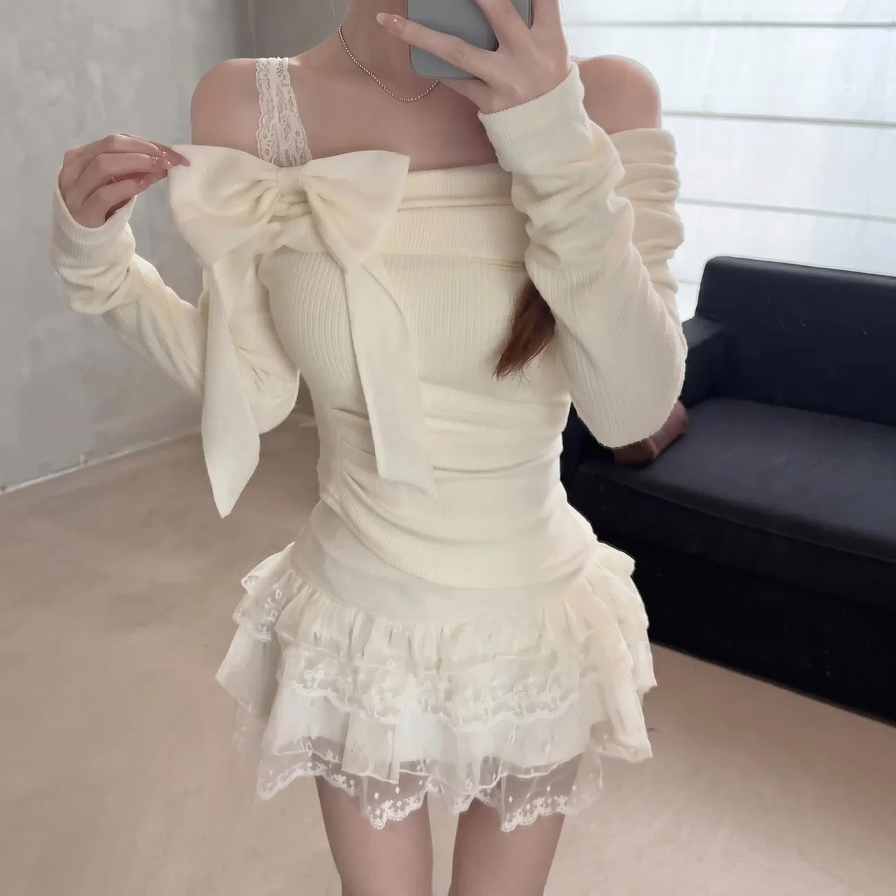 Блуза с открытыми плечами, кружево, Rib-knit, абрикосовый — фото 4