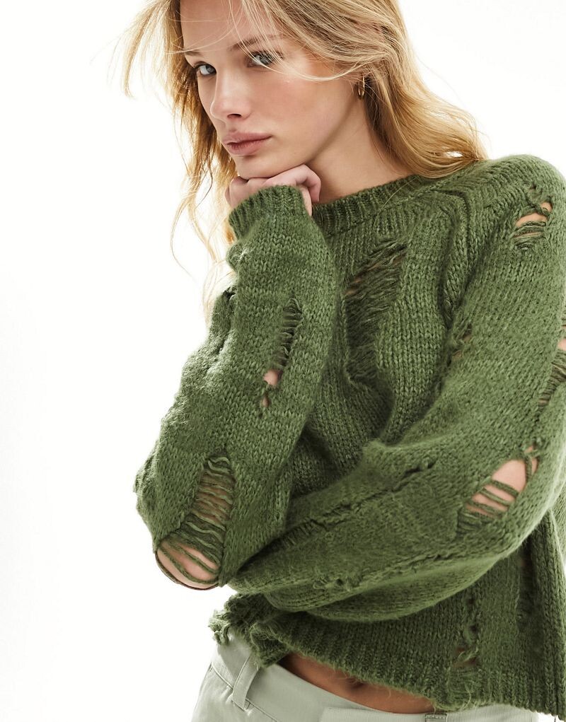 

Укороченный хлопковый свитер цвета хаки с косой лесенкой ASOS DESIGN