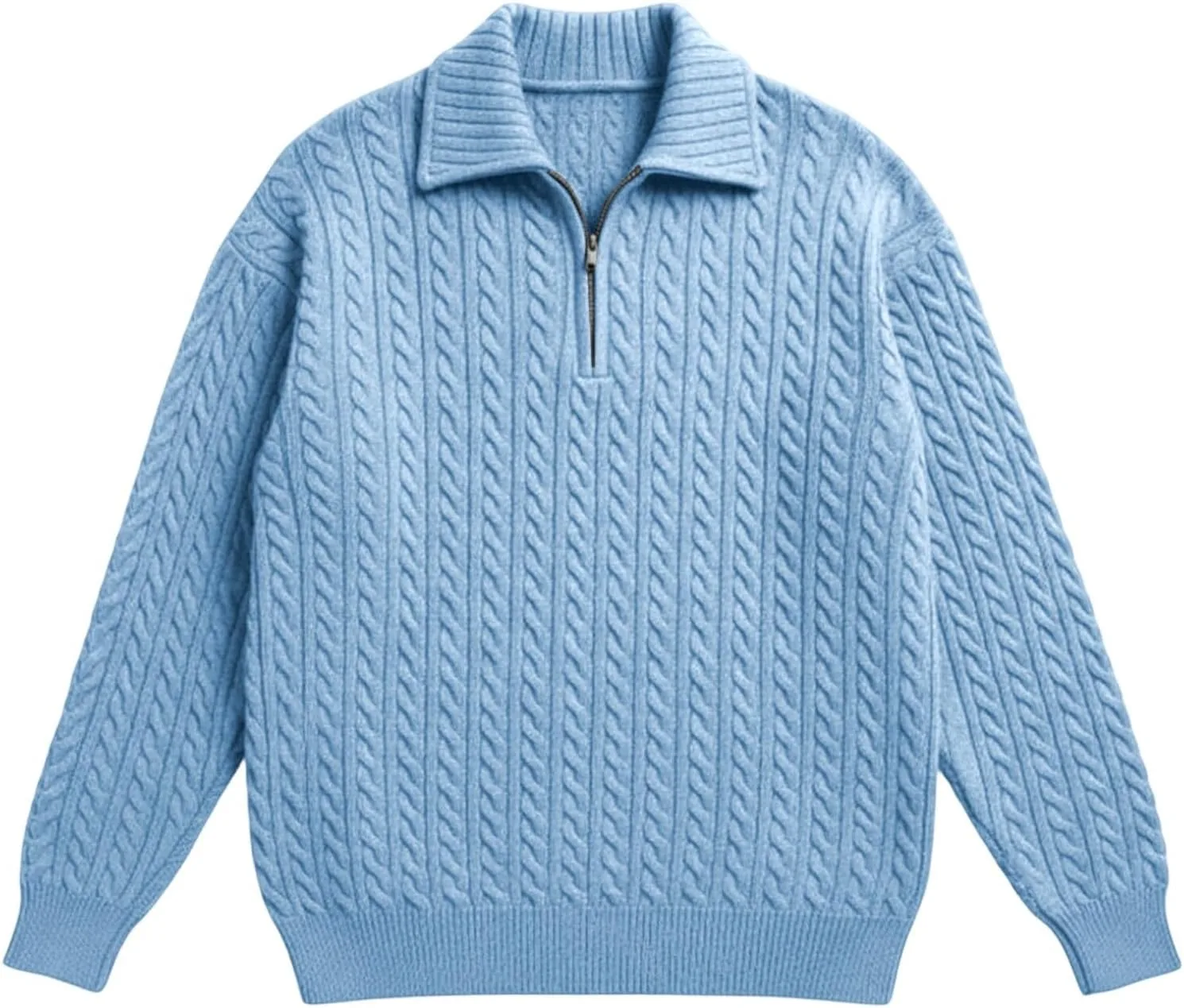 

Мужской свитер с воротником стойкой и кабельной вязкой