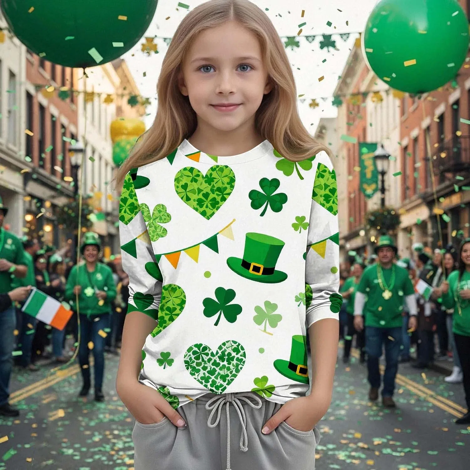 Футболка с длинным рукавом 3/4 с принтом Shamrock, Zzalalana, Green19, детская — фото 2