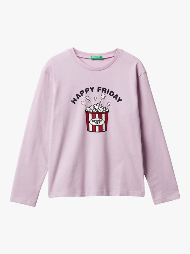 

Детская хлопковая футболка с длинным рукавом и принтом Benetton, Violet