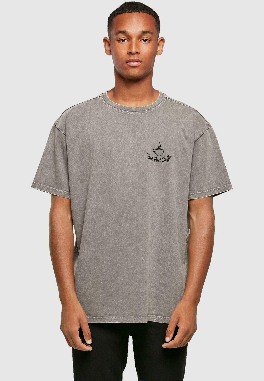 

Футболка с принтом BUT FIRST COFFEE ACID WASHED HEAVY Merchcode, серый