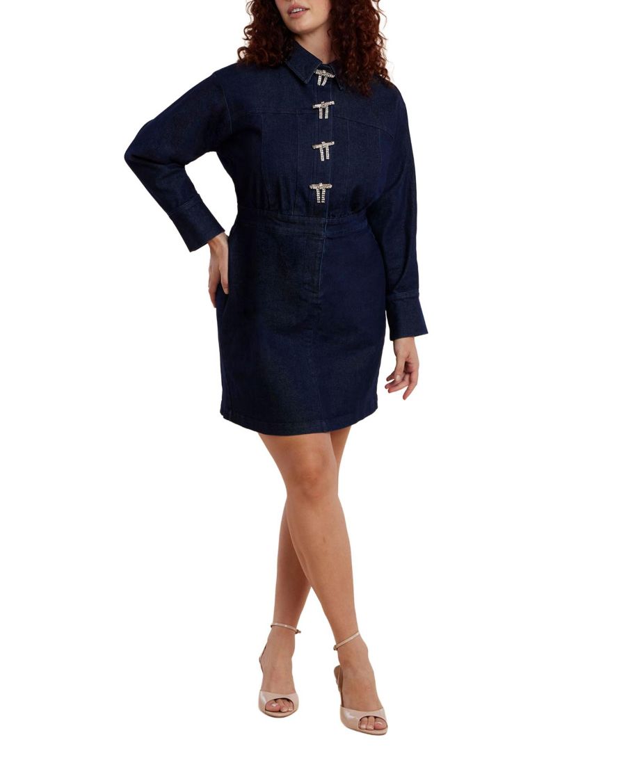 

Женское мини-платье из джинсовой ткани больших размеров с бантами из страз ELOQUII, Dark wash