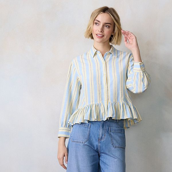 

Женская рубашка с воротником и рюшами Lc Lauren Conrad, Yellow Weston Stripe