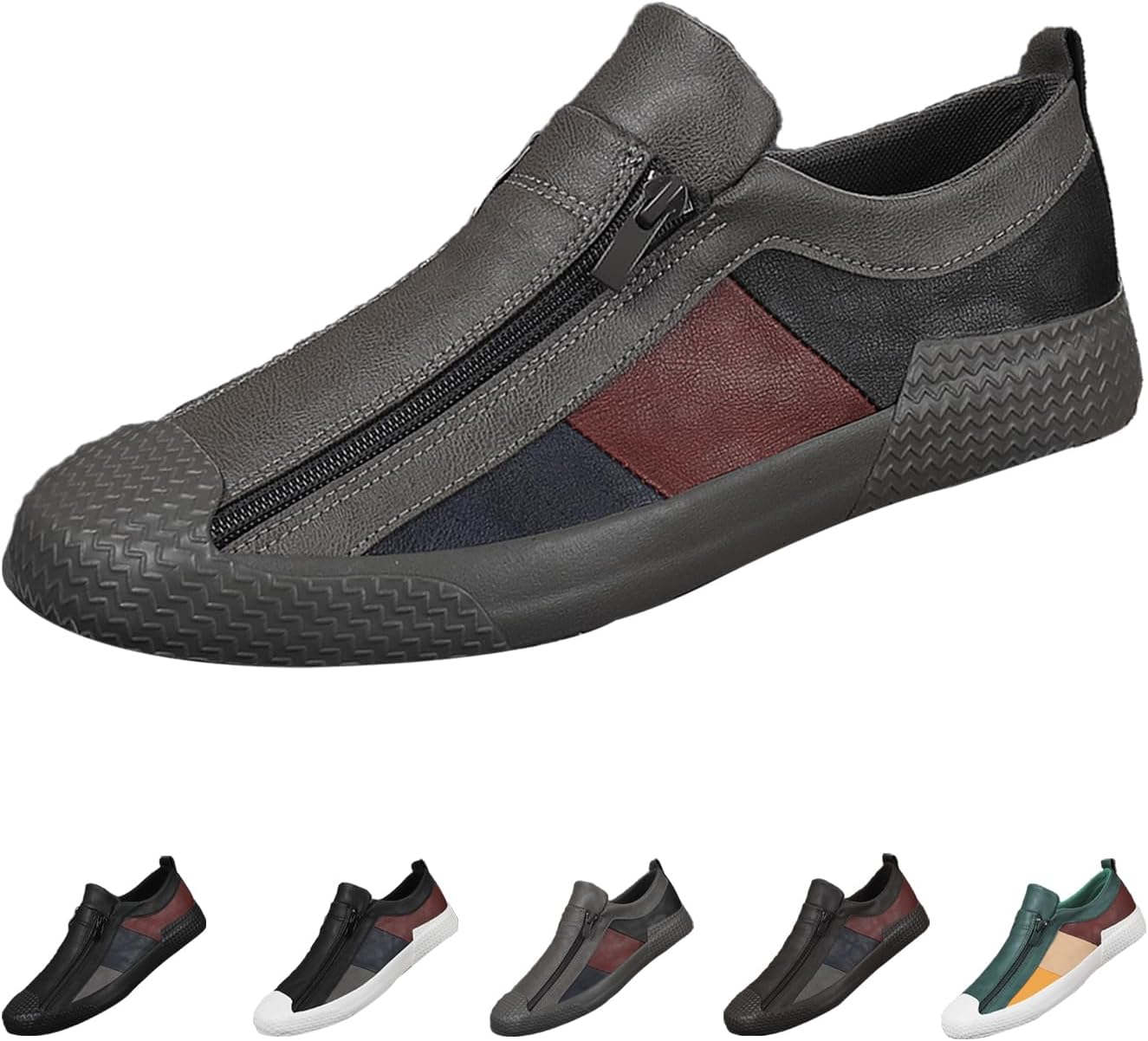 

Мужские низкие кеды AngryMonkey с цветными вставками, модные удобные слипоны с двойной молнией, противоскользящие плоские повседневные кожаные лоферы для ходьбы, серый