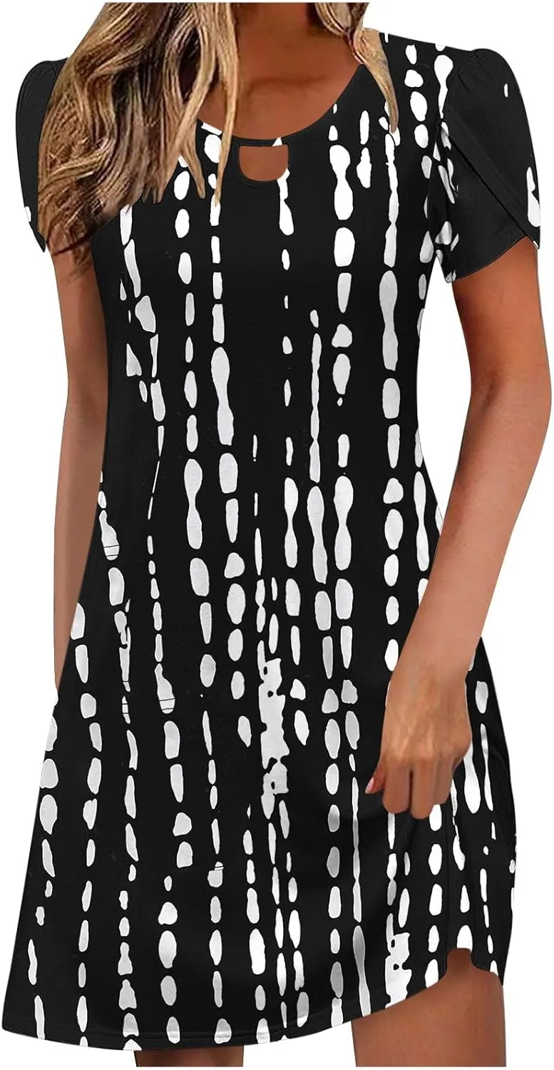 Женские повседневные платья А-силуэта, летние платья-футболки в стиле бохо с цветочным принтом, мини-платья с коротким рукавом и лепестками, струящиеся сарафаны Generic, черный