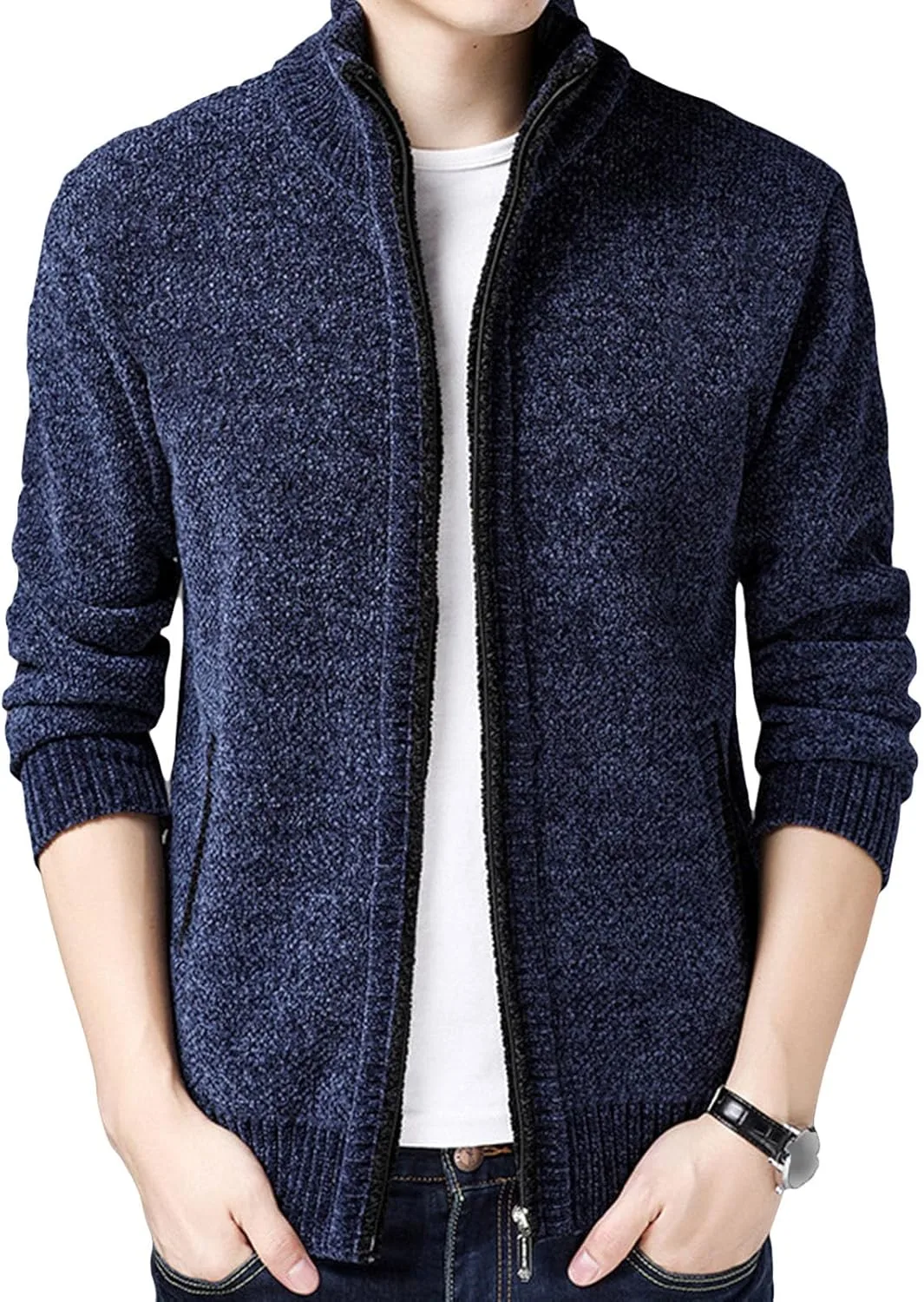 Мужской кардиган с воротником стойкой, Slim Fit, на молнии, с кабельной вязкой и карманами