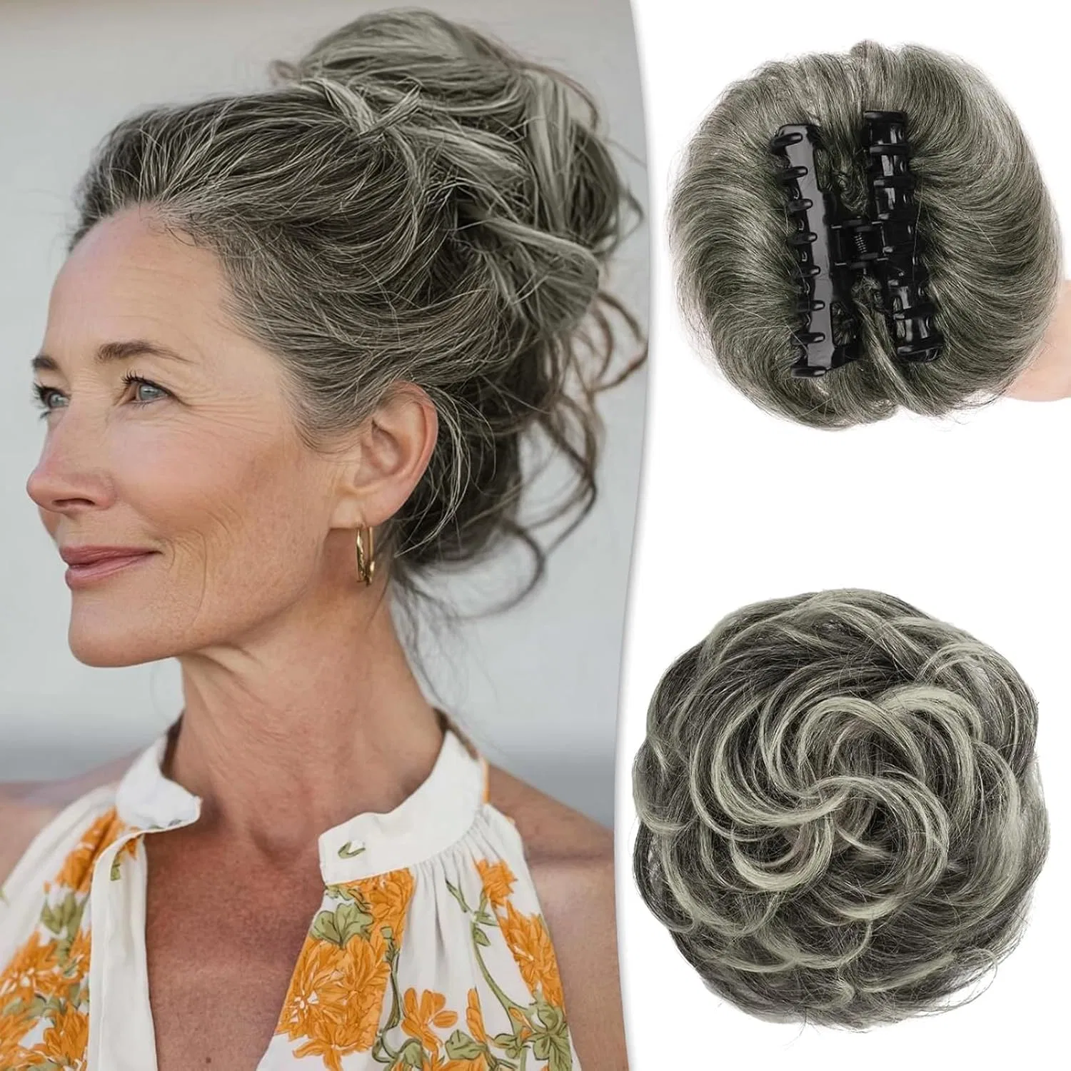 Шиньон-пучок на крабе из натуральных волос «Messy Bun» от RUWISS Ruwiss, Black Tips In Grey And Platinum Blonde