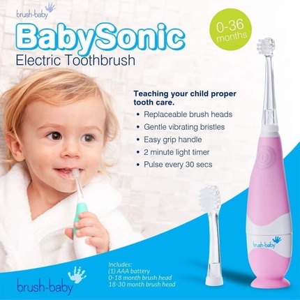 Brush Baby BabySonic электрическая зубная щетка для младенцев и малышей от 0 до 3 лет - умный светодиодный таймер и мягкая вибрация - в комплект входят 2 чувствительные насадки розового цвета Brush-Baby — фото 2