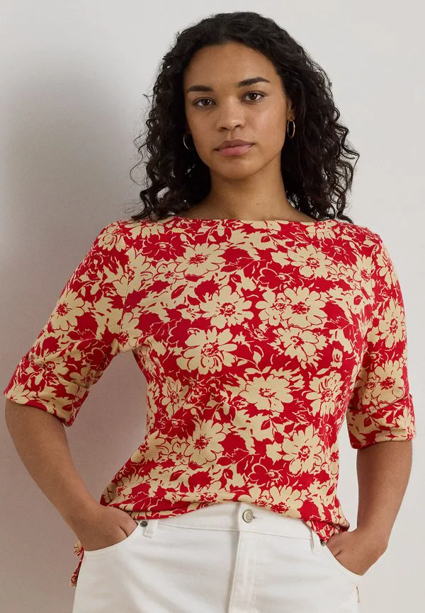 

Футболка с цветочным принтом из эластичного хлопка с вырезом-лодочкой Lauren Ralph Lauren Woman, Red/Beige, Красный, Футболка с цветочным принтом из эластичного хлопка с вырезом-лодочкой Lauren Ralph Lauren Woman, Red/Beige