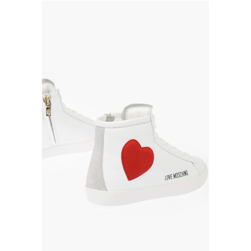 Высокие кожаные кеды LOVE с бархатным сердцем и боковыми вставками Moschino, White — фото 2