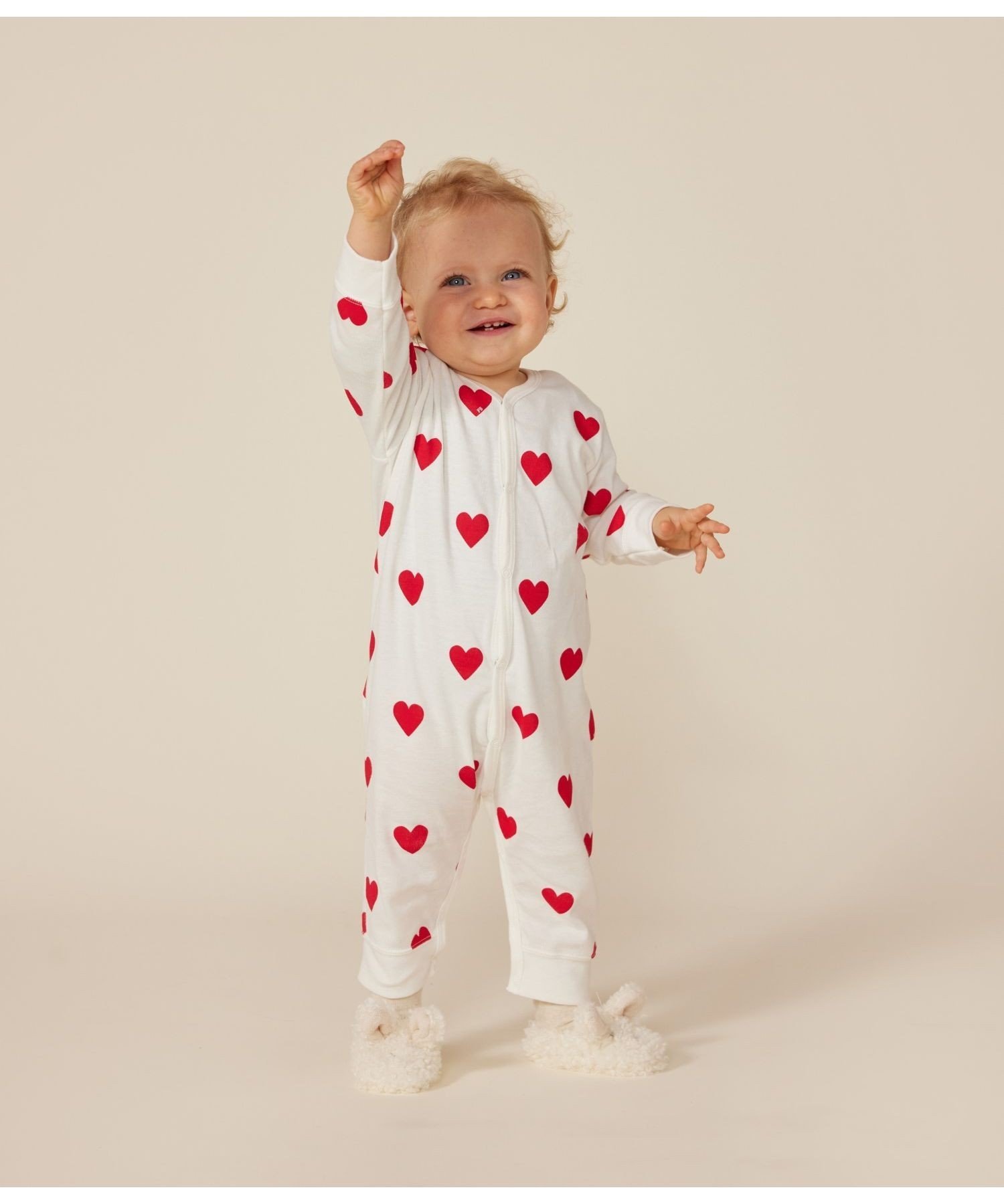 Комбинезон без носков с принтом в виде сердечек Petit Bateau, Off-white/Red