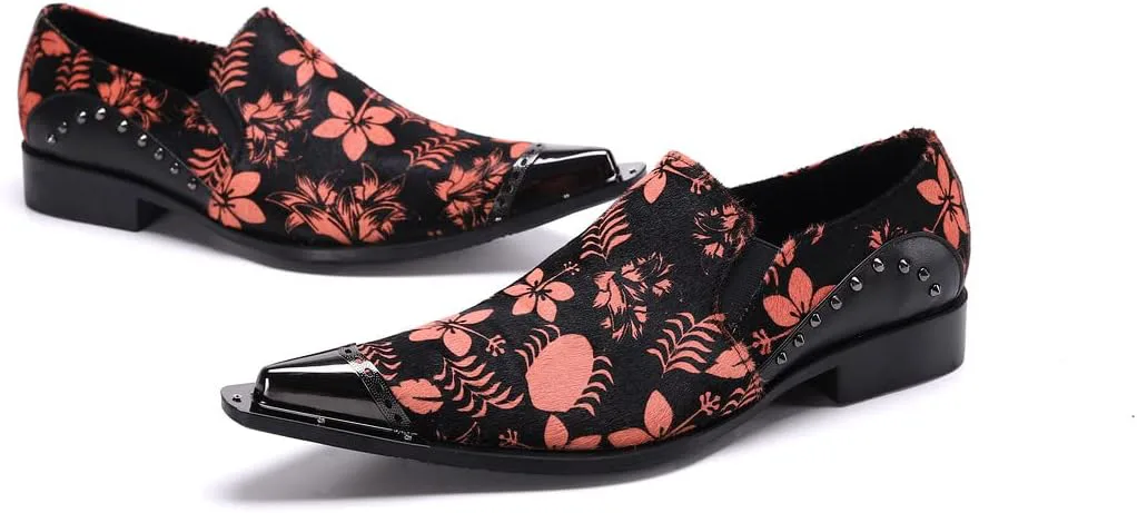 

Santimon мужские повседневные лоферы, бархатная заклепка, кожа с цветочной графикой, заостренный кончик, тапочки для курения, туфли для вечеринок, оранжевый